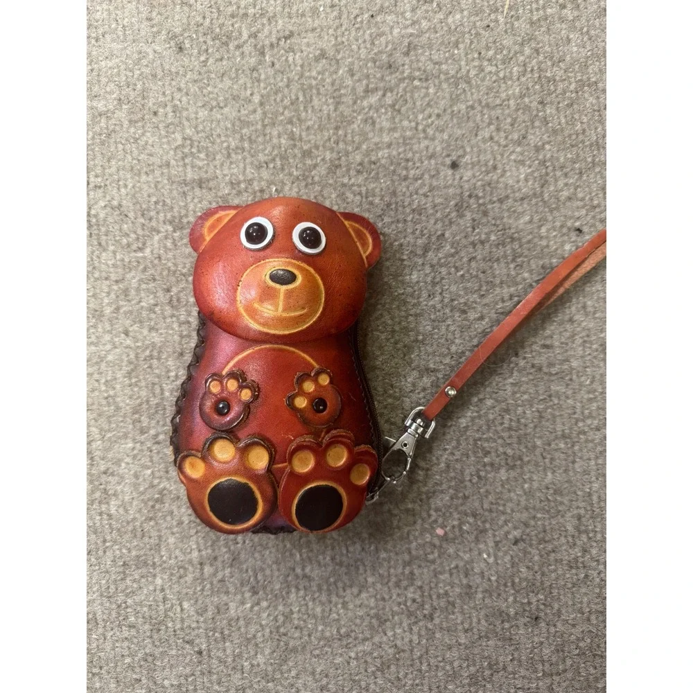 Handmade Brown Leather Teddy Bear Coin Purse Wristlet Small Zip‎ Pouch Kids